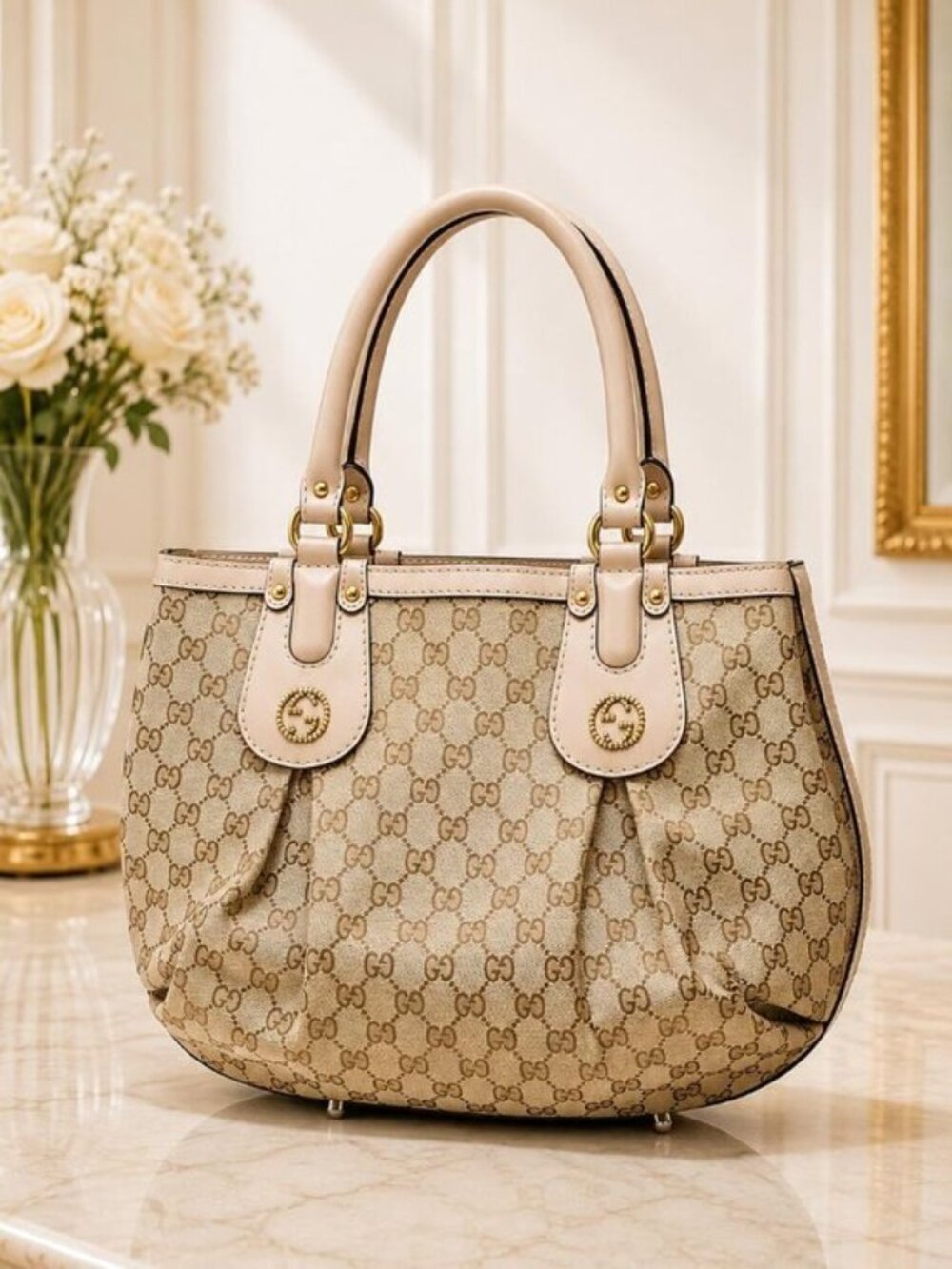 Authentic Gucci Sukey GG Canvas Tote Bag Beige Pink Shoulder Handbag